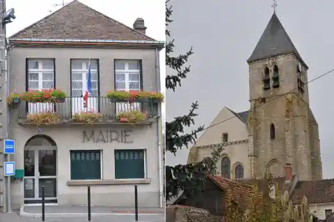 Assemblage de deux photos (mairie et église Saint-Étienne) de Briarres-sur-Essonne, Loiret, France